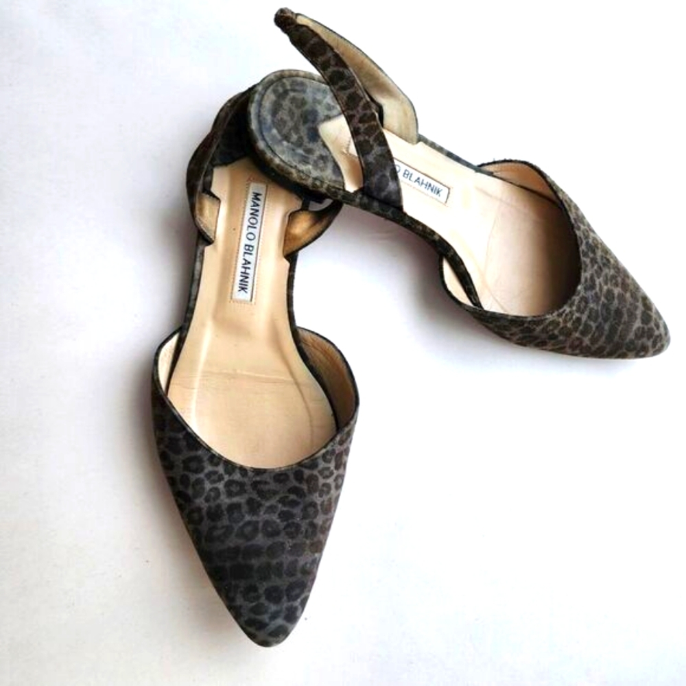 Manolo Blahnik Leopard Print Pointed Toe Flats in Gray and Black
